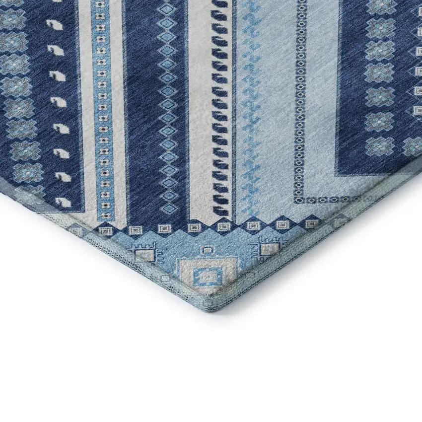 8' Navy Blue And Ivory Tribal Washable Round Rug With UV Protection Photo 6