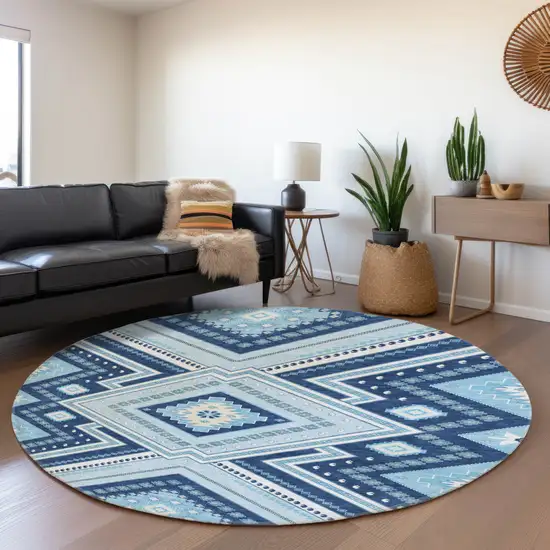 8' Navy Blue And Ivory Tribal Washable Round Rug With UV Protection Photo 4