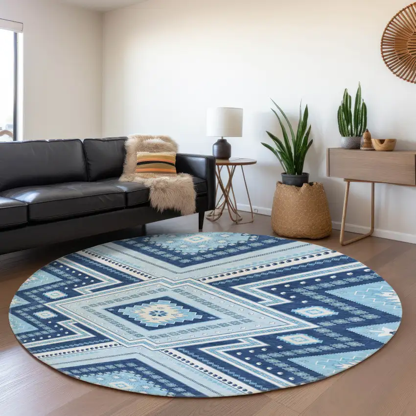 8' Navy Blue And Ivory Tribal Washable Round Rug With UV Protection Photo 4