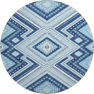 Photo of 8' Navy Blue And Ivory Tribal Washable Round Rug With UV Protection