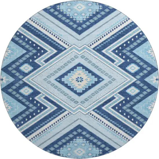 8' Navy Blue And Ivory Tribal Washable Round Rug With UV Protection Photo 1