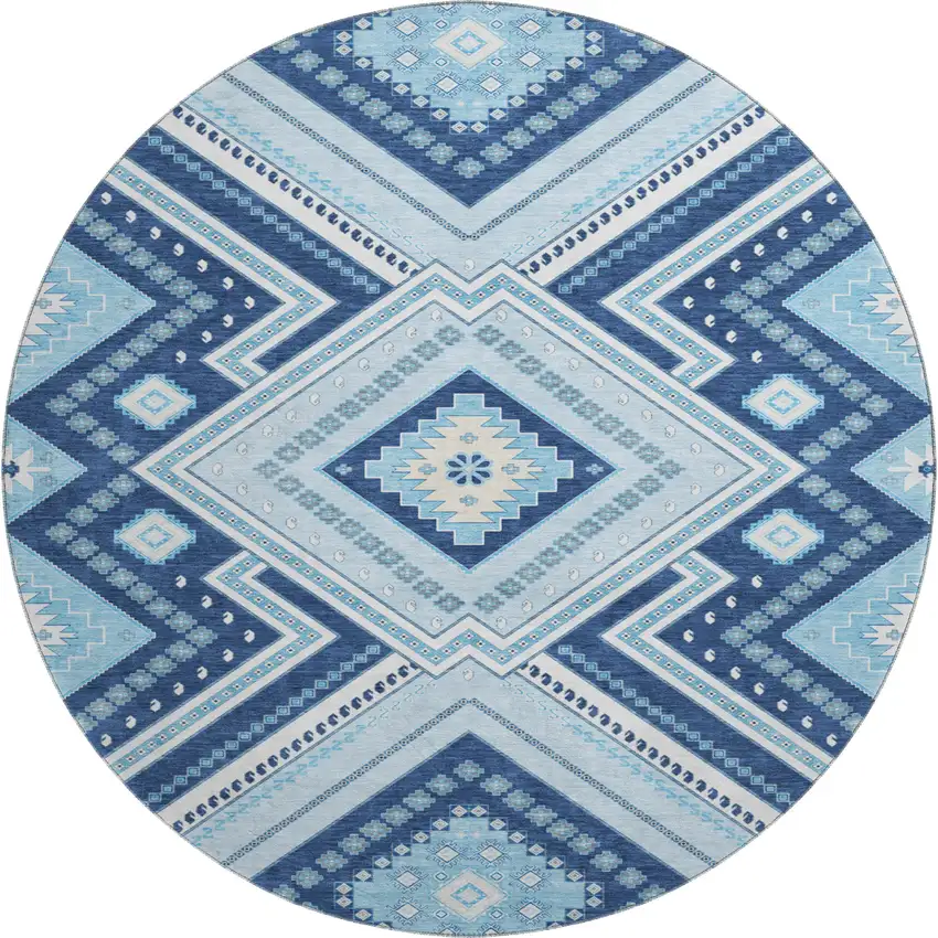 8' Navy Blue And Ivory Tribal Washable Round Rug With UV Protection Photo 1