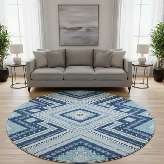 8' Navy Blue And Ivory Tribal Washable Round Rug With UV Protection Photo 2
