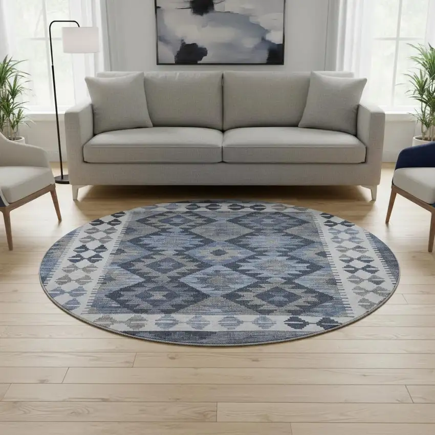 8' Navy Blue And Ivory Tribal Washable Round Rug With UV Protection Photo 2