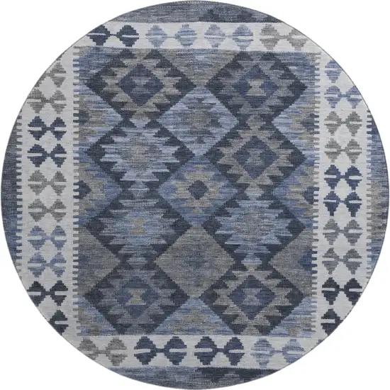 8' Navy Blue And Ivory Tribal Washable Round Rug With UV Protection Photo 1