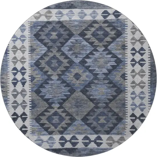 8' Navy Blue And Ivory Tribal Washable Round Rug With UV Protection Photo 4