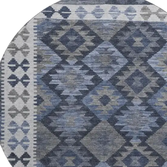 8' Navy Blue And Ivory Tribal Washable Round Rug With UV Protection Photo 3