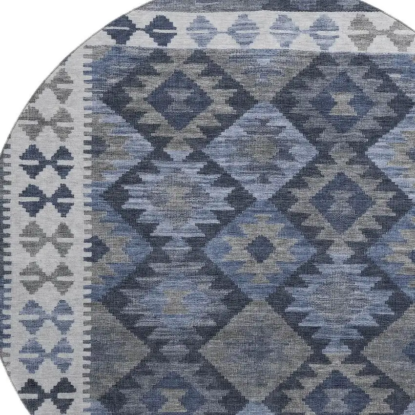 8' Navy Blue And Ivory Tribal Washable Round Rug With UV Protection Photo 3