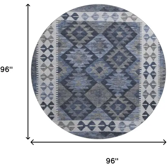 8' Navy Blue And Ivory Tribal Washable Round Rug With UV Protection Photo 9