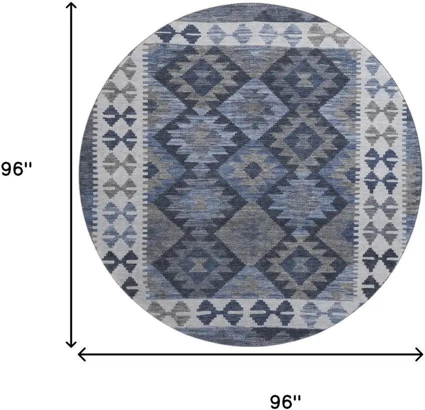 8' Navy Blue And Ivory Tribal Washable Round Rug With UV Protection Photo 9