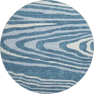 Photo of 8' Navy Blue And Ivory Woodland Lodge Washable Round Rug With UV Protection