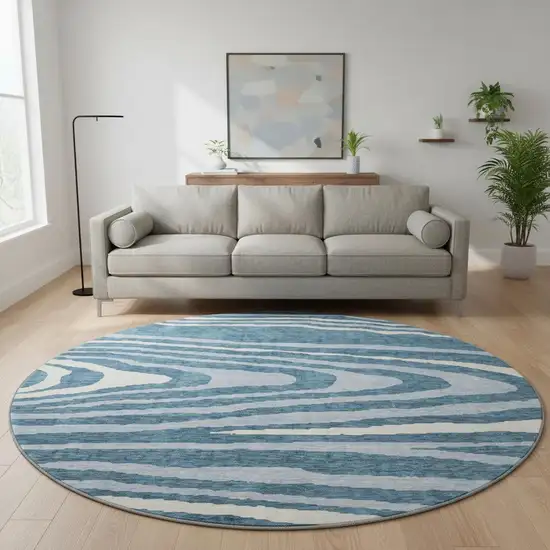 8' Navy Blue And Ivory Woodland Lodge Washable Round Rug With UV Protection Photo 2