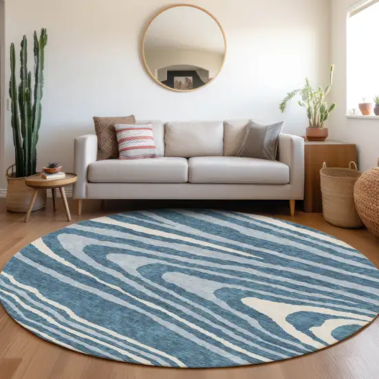 8' Navy Blue And Ivory Woodland Lodge Washable Round Rug With UV Protection Photo 4