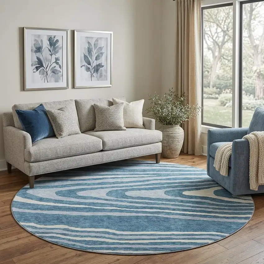 8' Navy Blue And Ivory Woodland Lodge Washable Round Rug With UV Protection Photo 1