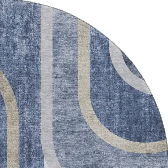 8' Navy Blue And Khaki Geometric Washable Round Rug With UV Protection Photo 4