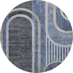 Photo of 8' Navy Blue And Khaki Geometric Washable Round Rug With UV Protection