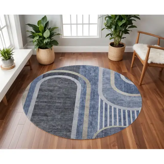 8' Navy Blue And Khaki Geometric Washable Round Rug With UV Protection Photo 2
