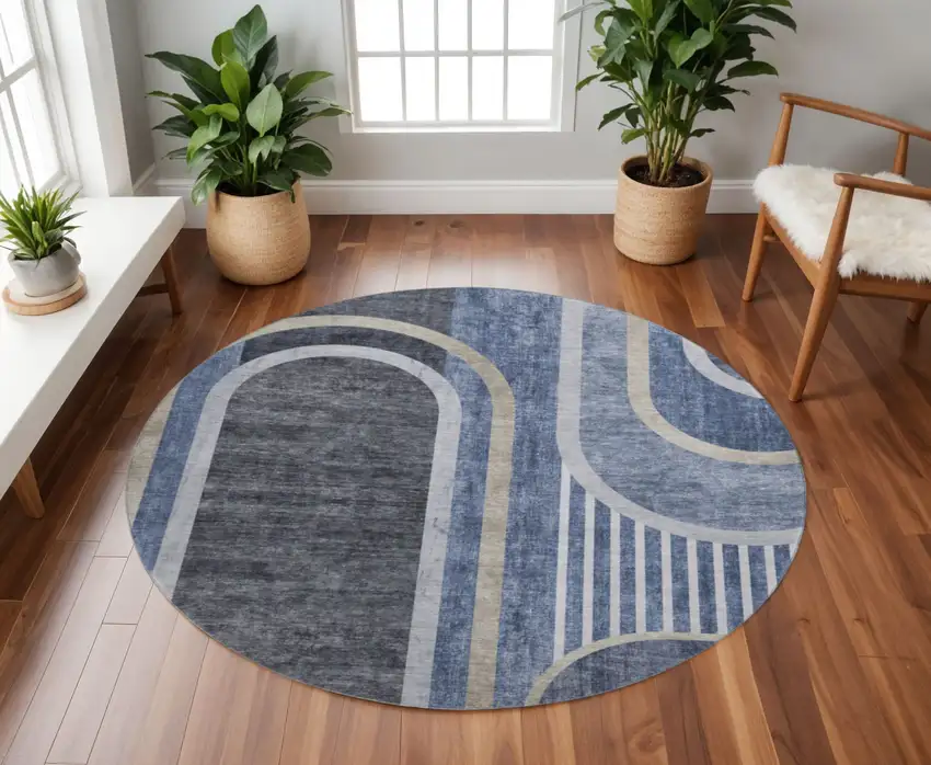 8' Navy Blue And Khaki Geometric Washable Round Rug With UV Protection Photo 2