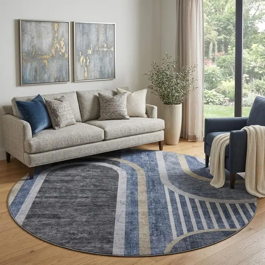 8' Navy Blue And Khaki Geometric Washable Round Rug With UV Protection Photo 1