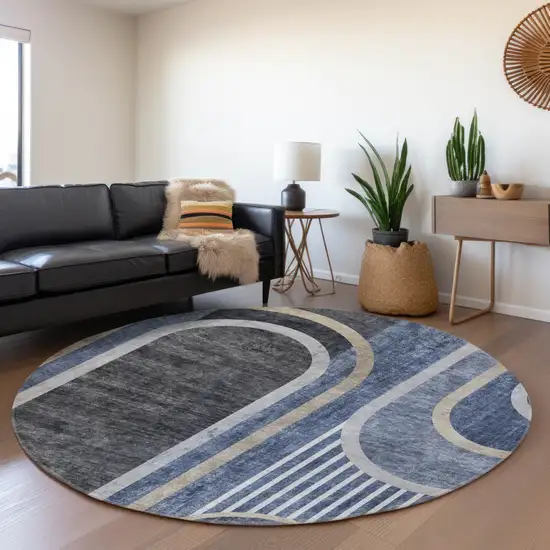 8' Navy Blue And Khaki Geometric Washable Round Rug With UV Protection Photo 5