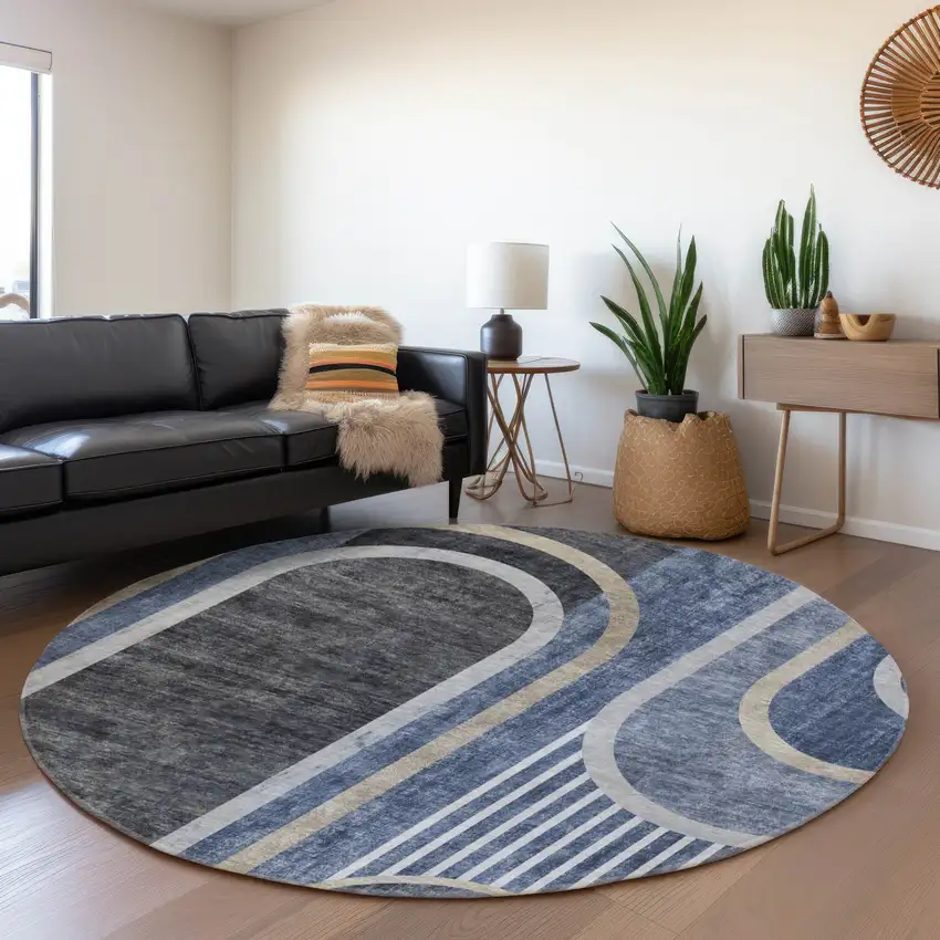 8' Navy Blue And Khaki Geometric Washable Round Rug With UV Protection Photo 5