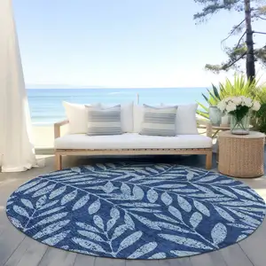Photo of 8' Navy Blue And Light Blue Round Floral Washable Indoor Outdoor Area Rug