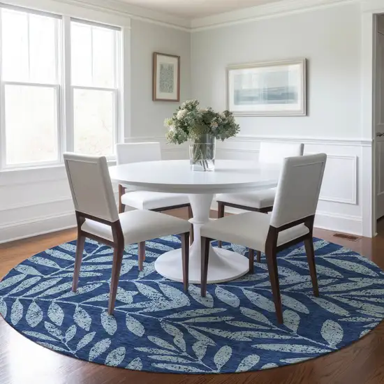 8' Navy Blue And Light Blue Round Floral Washable Indoor Outdoor Area Rug Photo 7
