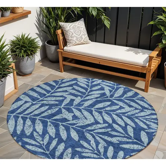 8' Navy Blue And Light Blue Round Floral Washable Indoor Outdoor Area Rug Photo 1