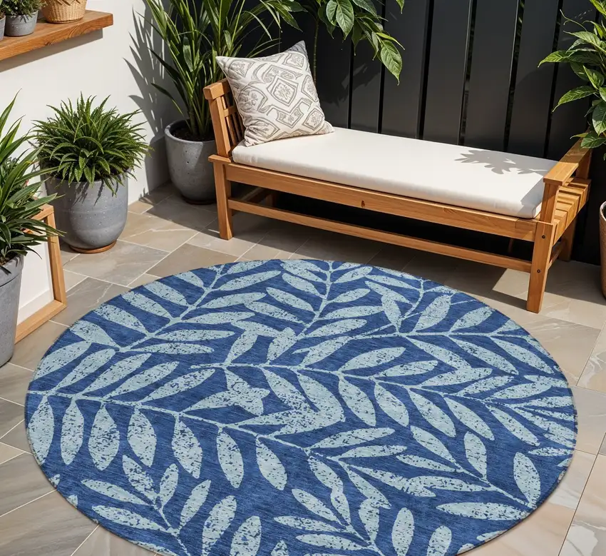 8' Navy Blue And Light Blue Round Floral Washable Indoor Outdoor Area Rug Photo 1