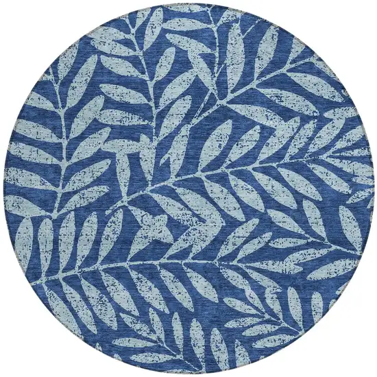 8' Navy Blue And Light Blue Round Floral Washable Indoor Outdoor Area Rug Photo 5