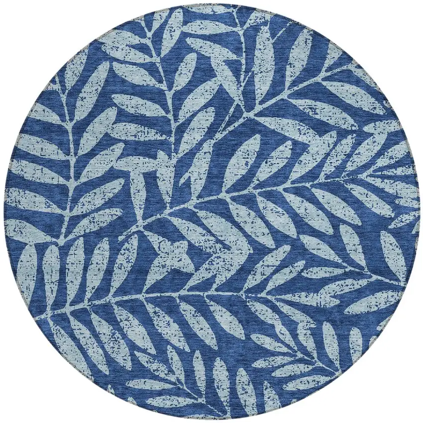 8' Navy Blue And Light Blue Round Floral Washable Indoor Outdoor Area Rug Photo 5