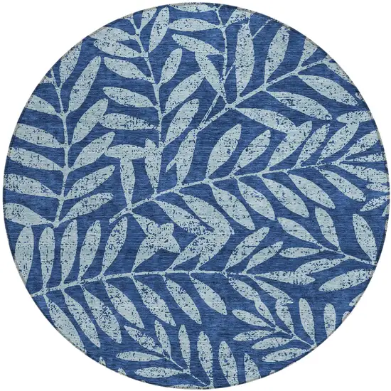 8' Navy Blue And Light Blue Round Floral Washable Indoor Outdoor Area Rug Photo 2
