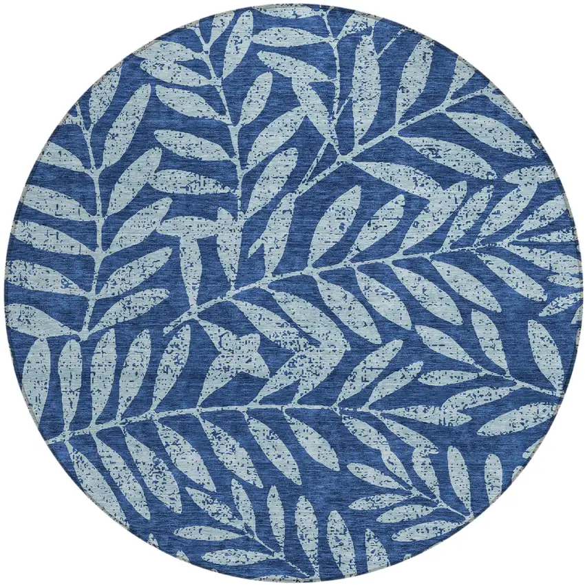 8' Navy Blue And Light Blue Round Floral Washable Indoor Outdoor Area Rug Photo 2