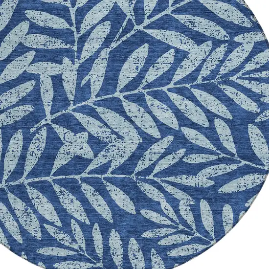 8' Navy Blue And Light Blue Round Floral Washable Indoor Outdoor Area Rug Photo 4