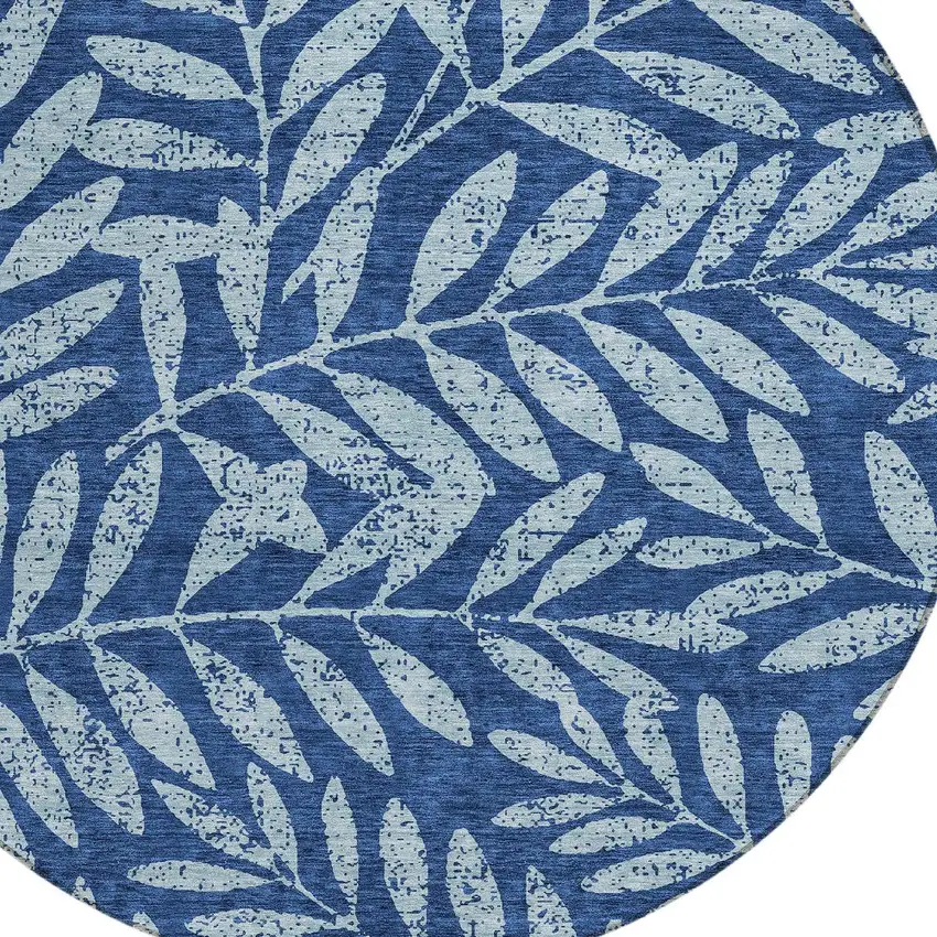 8' Navy Blue And Light Blue Round Floral Washable Indoor Outdoor Area Rug Photo 4