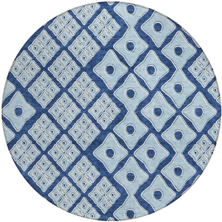 8' Navy Blue And Light Blue Round Geometric Washable Indoor Outdoor Area Rug Photo 2