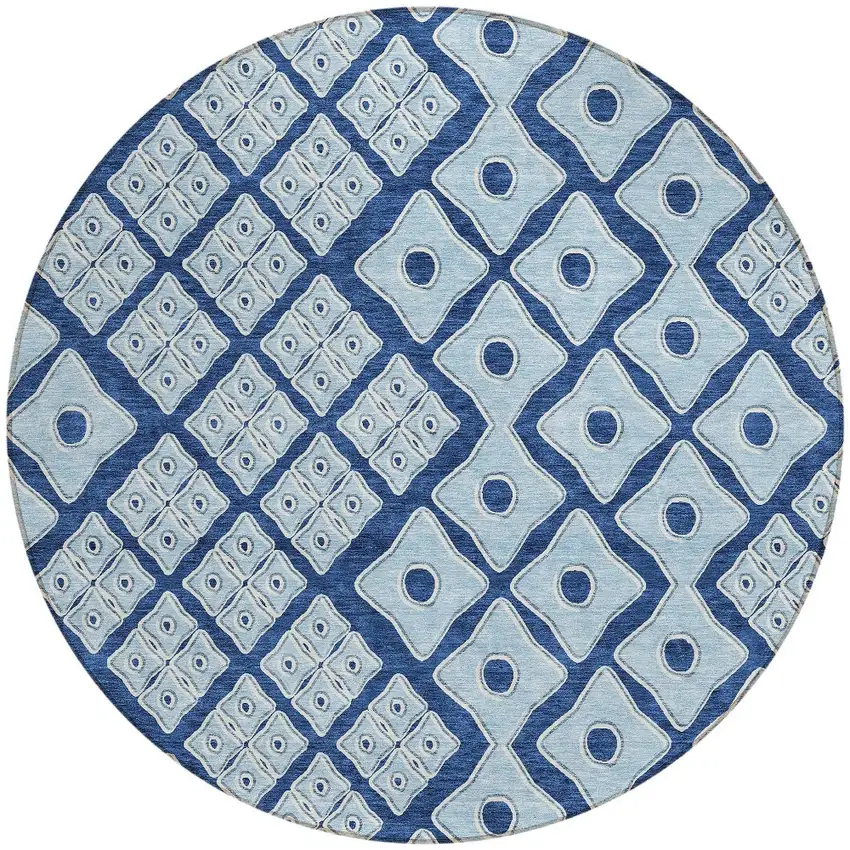 8' Navy Blue And Light Blue Round Geometric Washable Indoor Outdoor Area Rug Photo 4