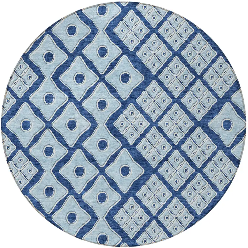 8' Navy Blue And Light Blue Round Geometric Washable Indoor Outdoor Area Rug Photo 5
