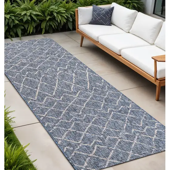10' Navy Blue And Light Gray Moroccan Indoor Outdoor Runner Rug Photo 1