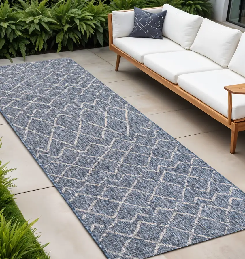10' Navy Blue And Light Gray Moroccan Indoor Outdoor Runner Rug Photo 1