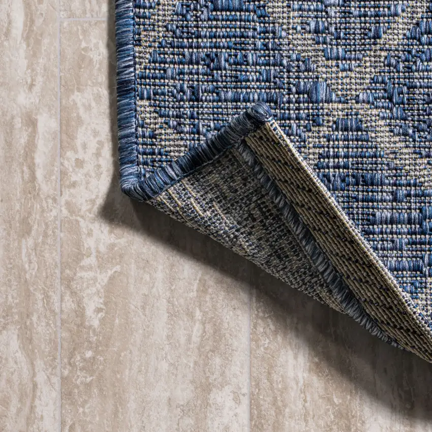 8' Navy Blue And Light Gray Moroccan Indoor Outdoor Runner Rug Photo 7