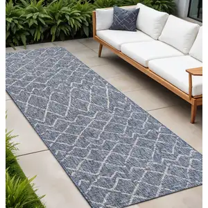 Photo of 8' Navy Blue And Light Gray Moroccan Indoor Outdoor Runner Rug