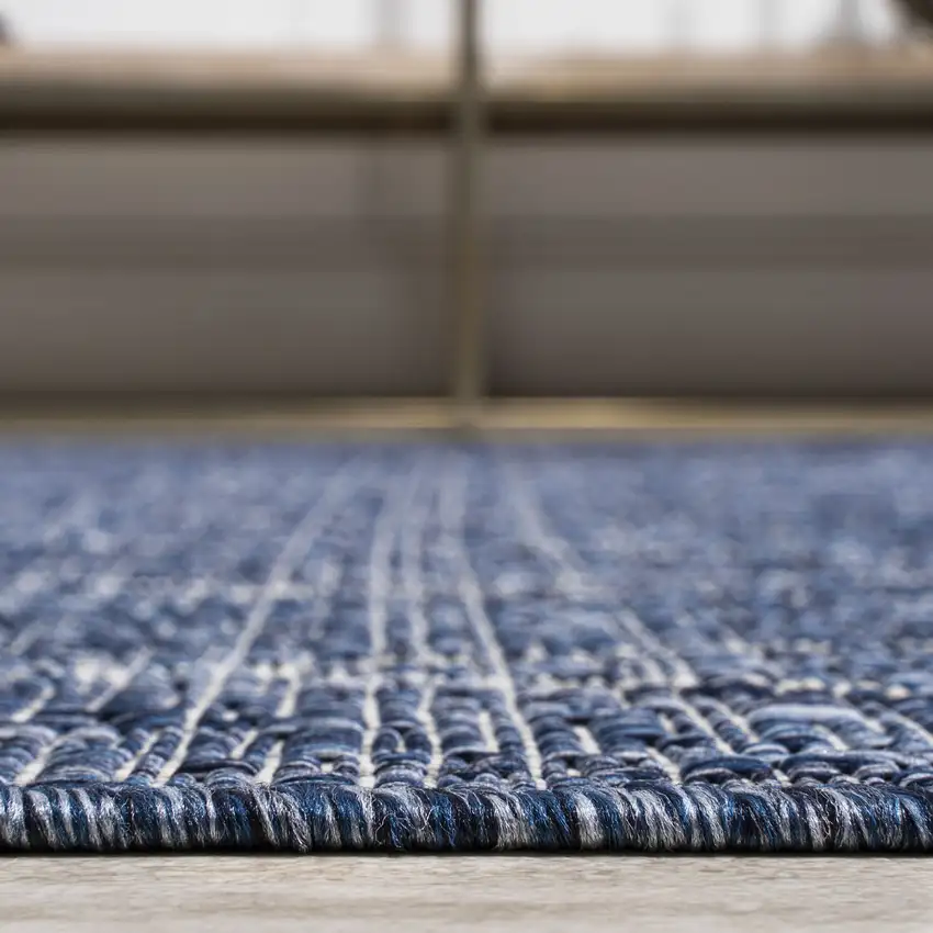 8' Navy Blue And Light Gray Moroccan Indoor Outdoor Runner Rug Photo 9