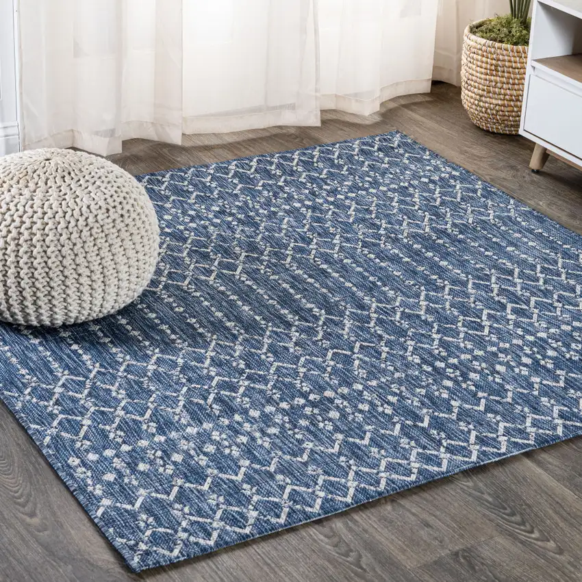 3' Navy Blue And Light Gray Square Trellis Indoor Outdoor Area Rug Photo 4