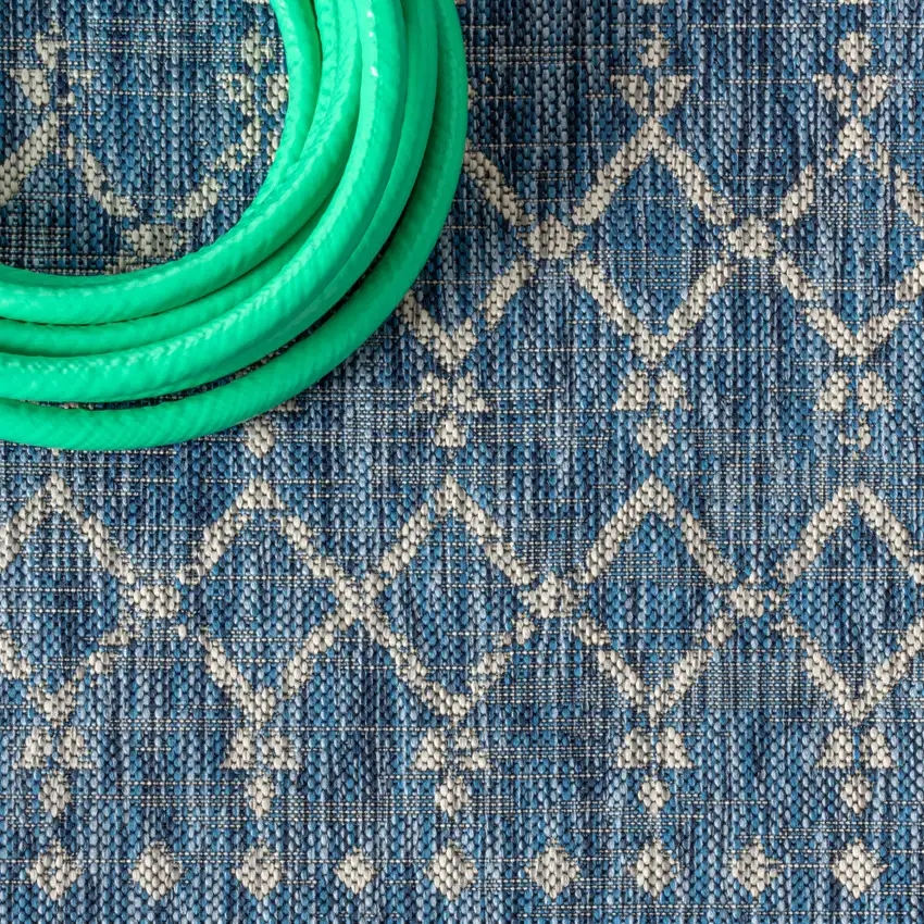 4' Navy Blue And Light Gray Square Trellis Indoor Outdoor Area Rug Photo 8