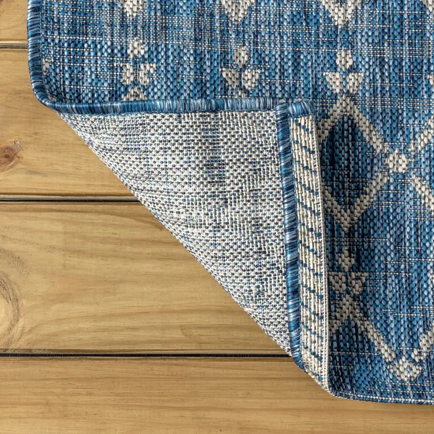 20' Navy Blue And Light Gray Trellis Indoor Outdoor Runner Rug Photo 8