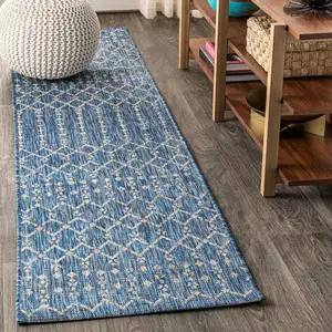 Photo of 20' Navy Blue And Light Gray Trellis Indoor Outdoor Runner Rug