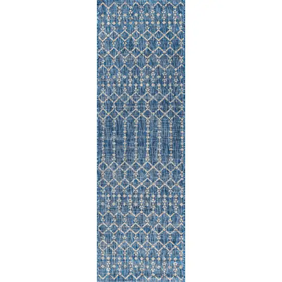 20' Navy Blue And Light Gray Trellis Indoor Outdoor Runner Rug Photo 1
