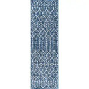 Photo of 8' Navy Blue And Light Gray Trellis Indoor Outdoor Runner Rug