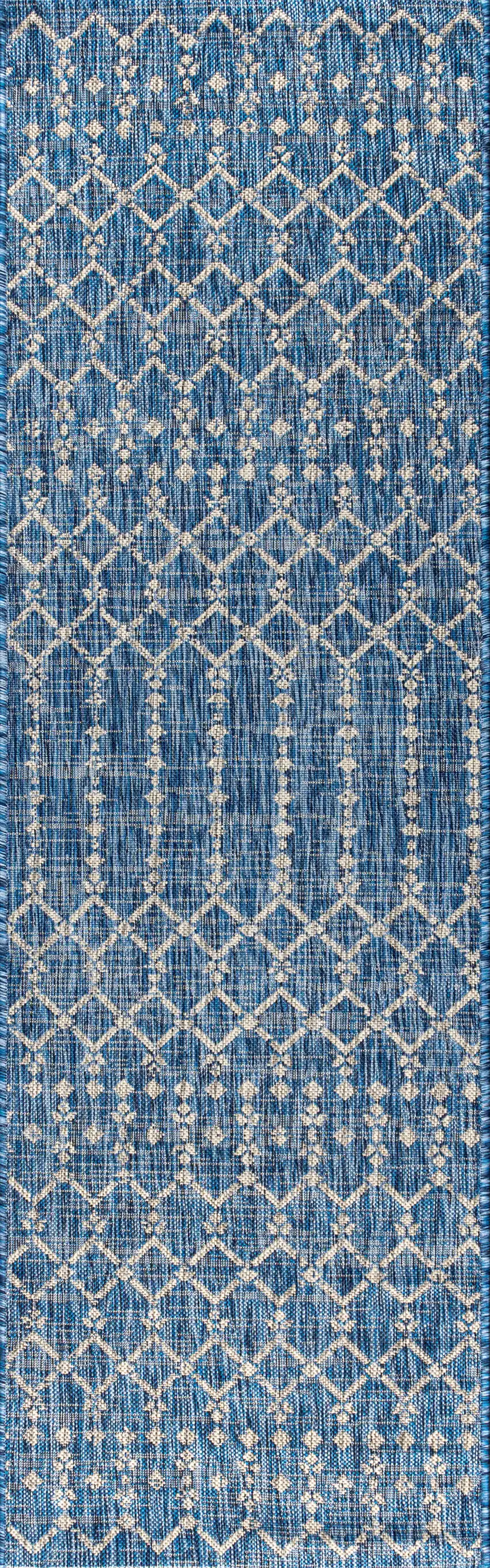 8' Navy Blue And Light Gray Trellis Indoor Outdoor Runner Rug Photo 1
